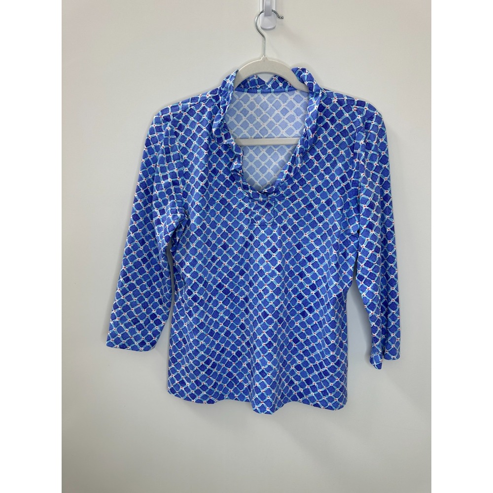 J.McLaughlin Blue Geometric Ruffle Neck 3/4 Sleeve Top No Size Preppy Coastal - Picture 9 of 10